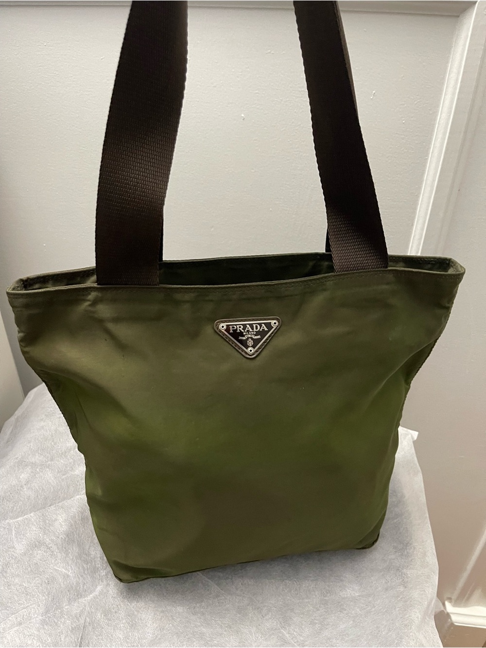 Prada Olive Nylon Tote with Dark Brown Straps